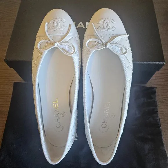 Brand New White Chanel Ballerina Shoes with Pearls